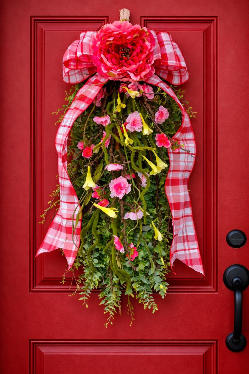 Spring Summer Wreath Teardrop Swag - Pink Floral Rustic Farmhouse Porch Decor