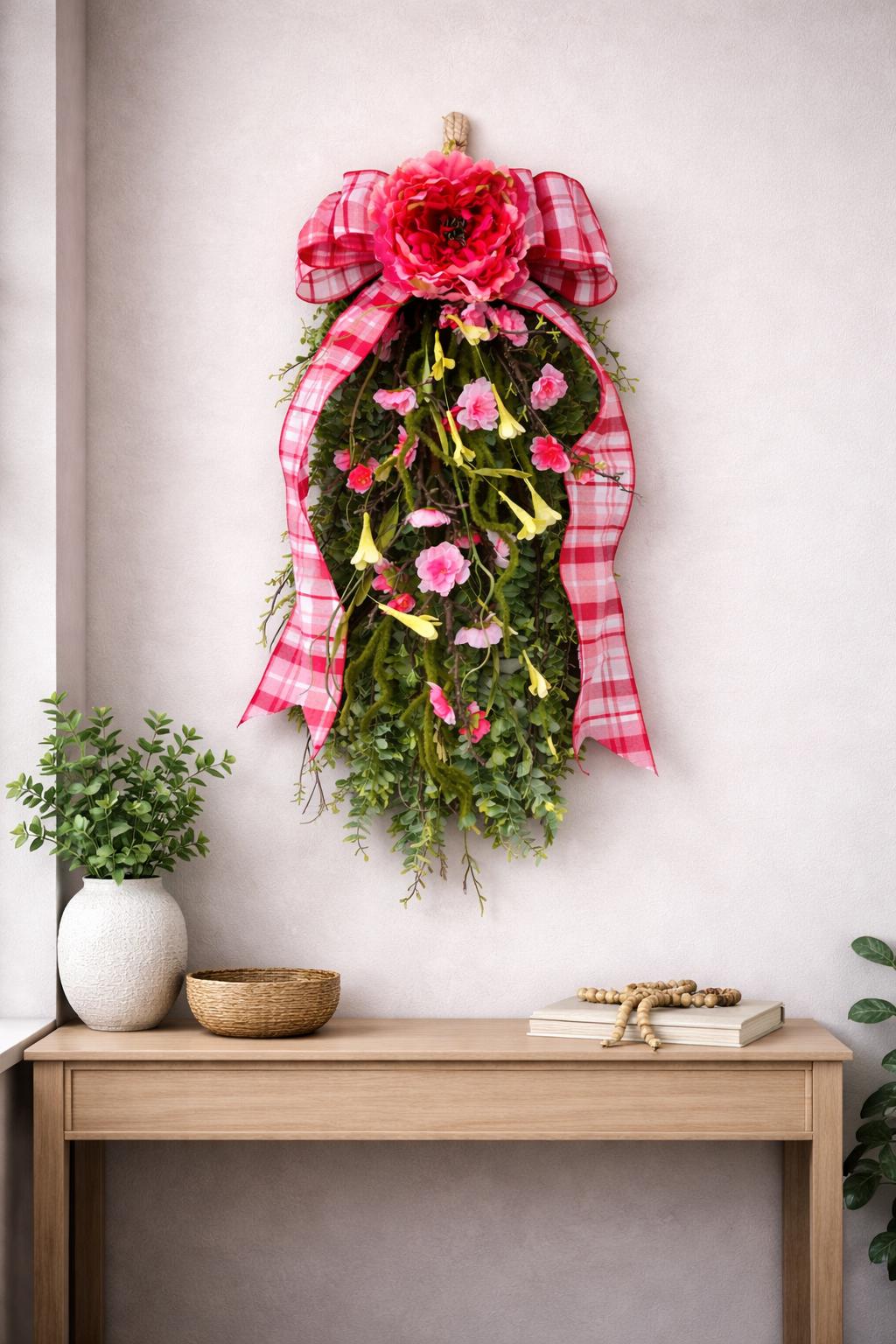 Spring Summer Wreath Teardrop Swag - Pink Floral Rustic Farmhouse Porch Decor