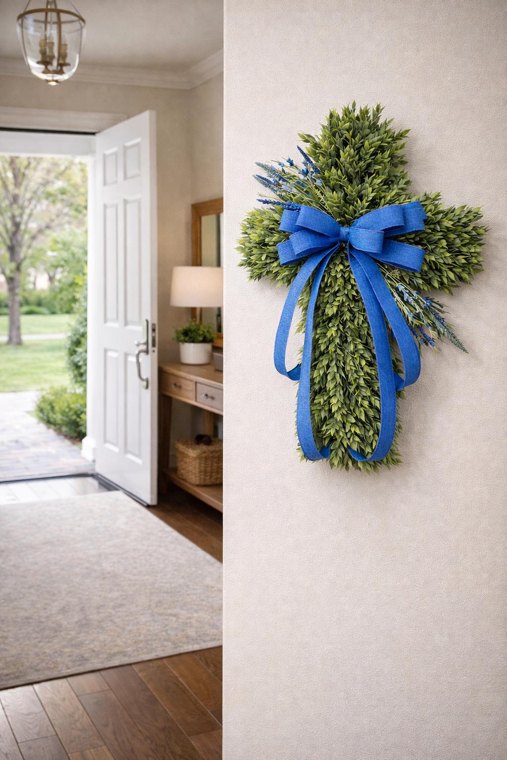 EASTER CROSS WREATH For Front Door, Double Door Wreaths, Memorial, Year Round, Religious Wall Decor, Christian Church, Christianity Gift