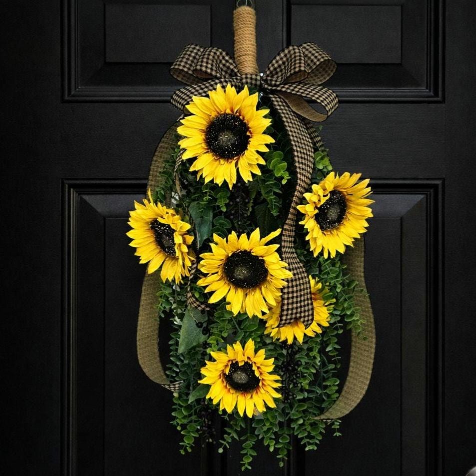Spring Summer Fall Wreath For Front Door Decor, Double Door Wreaths, Outdoor Porch Decor, Double Door Decor, Yellow Sunflower Teardrop Swag