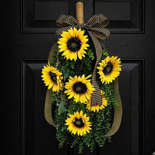 Spring Summer Fall Wreath For Front Door Decor, Double Door Wreaths, Outdoor Porch Decor, Double Door Decor, Yellow Sunflower Teardrop Swag