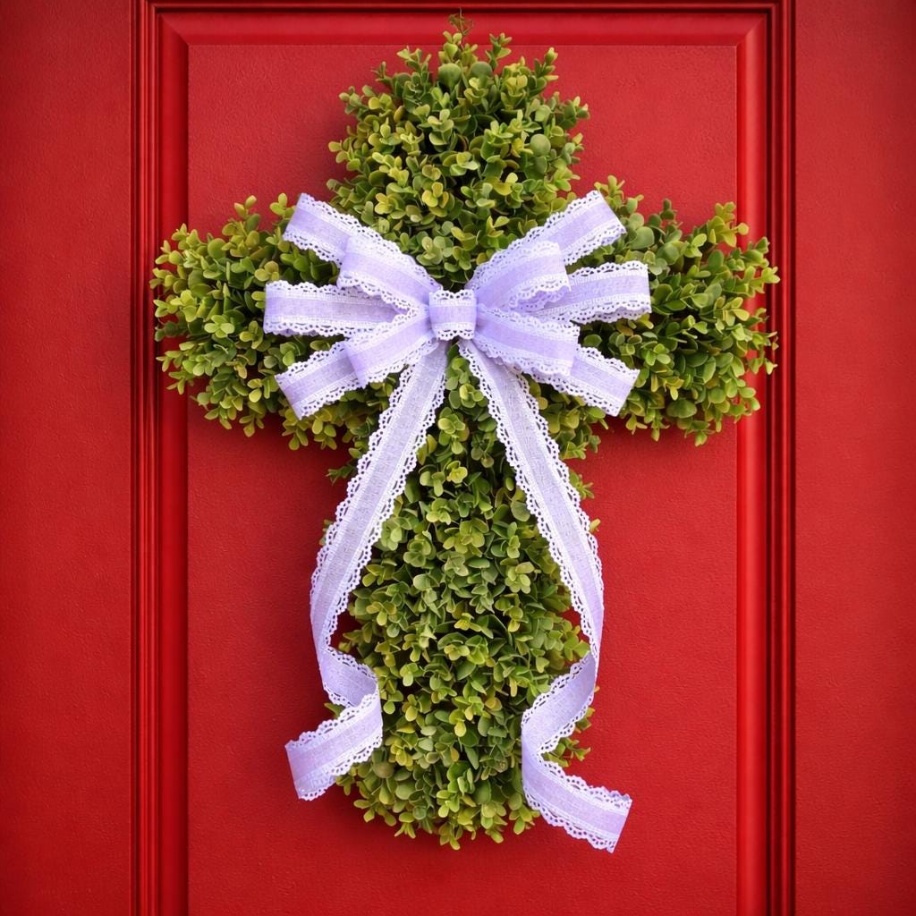 EASTER CROSS WREATH For Front Door, Double Door Wreaths, Memorial, Year Round, Religious Wall Decor, Christian Church, Christianity Gift