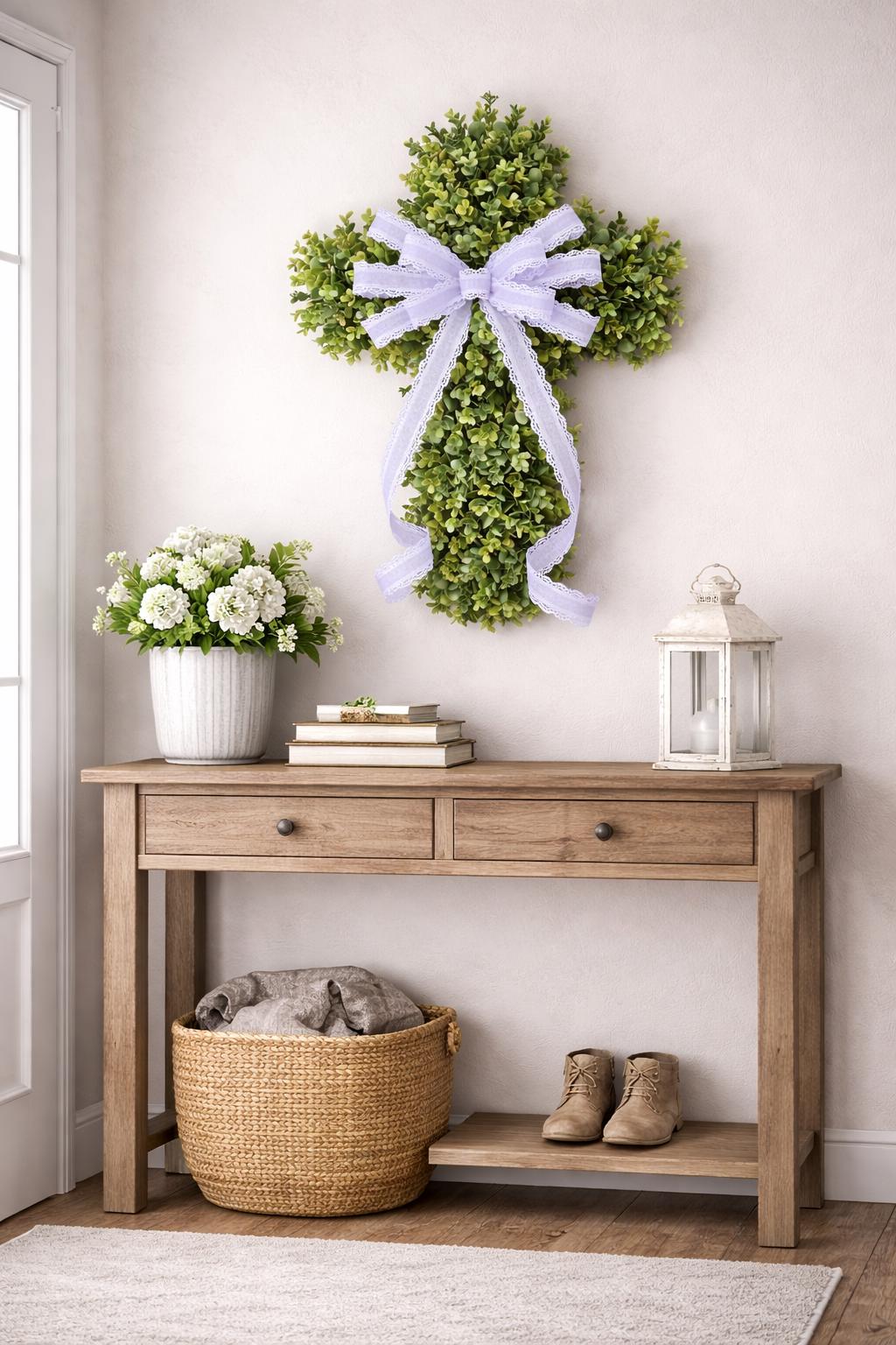 EASTER CROSS WREATH For Front Door, Double Door Wreaths, Memorial, Year Round, Religious Wall Decor, Christian Church, Christianity Gift