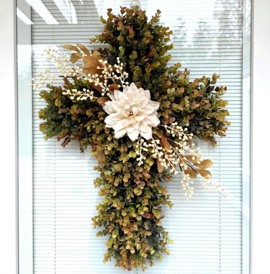 Large Fall Cross Wreath for Front Door Outdoor Christian Decor Autumn Swag Religious Wall Decor Double Door Wreaths Thanksgiving Decoration