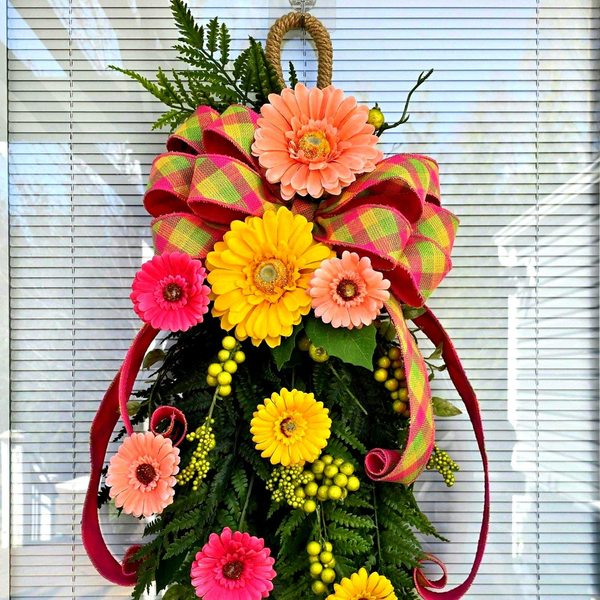 Spring Summer Wreath Swag For Front Door Decor, Double Door Wreaths, Front Porch Wreath, Door Swag With Colorful Gerbera Daisy Fern Berries