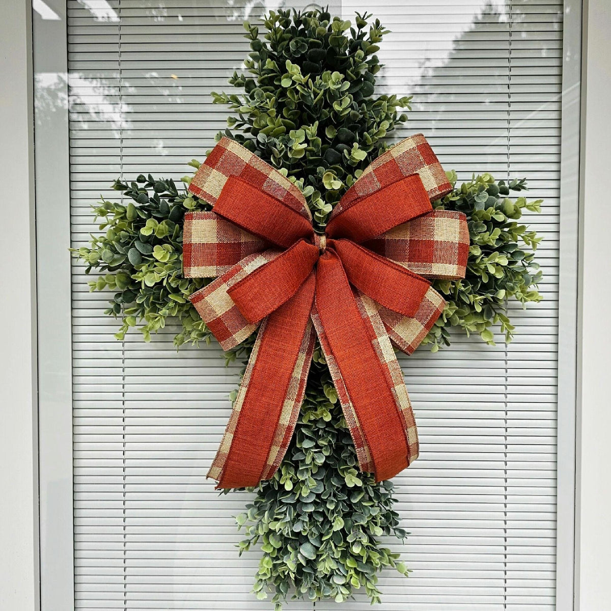 Boxwood Cross Wreath for Front Door, Farmhouse Religious Decor, Easter & Lent Cross Wreaths, Christian Door Hanger