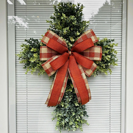 Boxwood Cross Wreath for Front Door, Farmhouse Religious Decor, Easter & Lent Cross Wreaths, Christian Door Hanger
