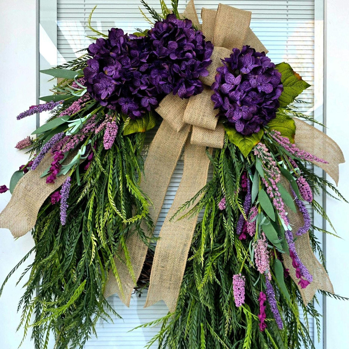 Spring Summer Wreath For Front Door Decor Outdoor With Purple Florals Lavender & Saw Grass, Double Door Wreaths, Porch, Rustic Farmhouse
