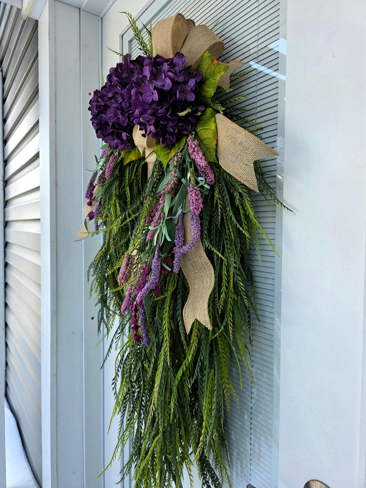 Spring Summer Wreath For Front Door Decor Outdoor With Purple Florals Lavender & Saw Grass, Double Door Wreaths, Porch, Rustic Farmhouse