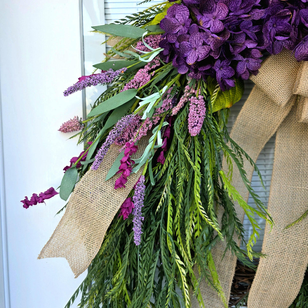 Spring Summer Wreath For Front Door Decor Outdoor With Purple Florals Lavender & Saw Grass, Double Door Wreaths, Porch, Rustic Farmhouse