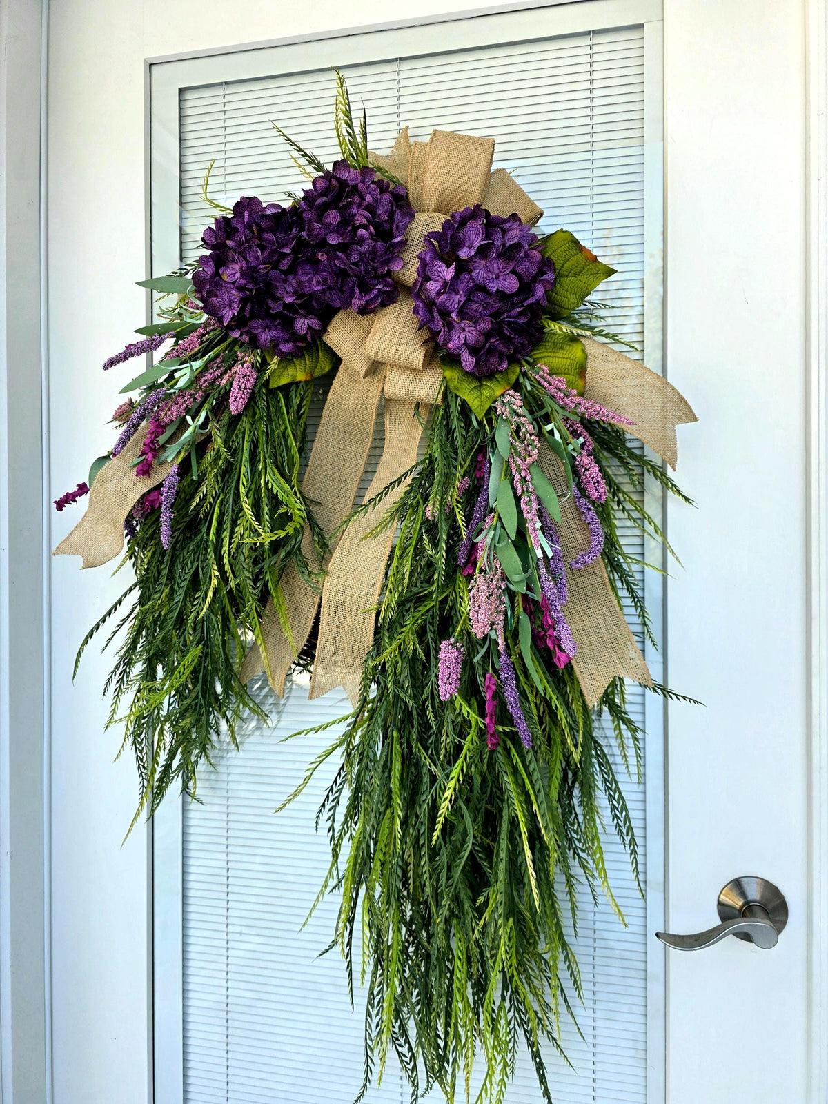 Spring Summer Wreath For Front Door Decor Outdoor With Purple Florals Lavender & Saw Grass, Double Door Wreaths, Porch, Rustic Farmhouse