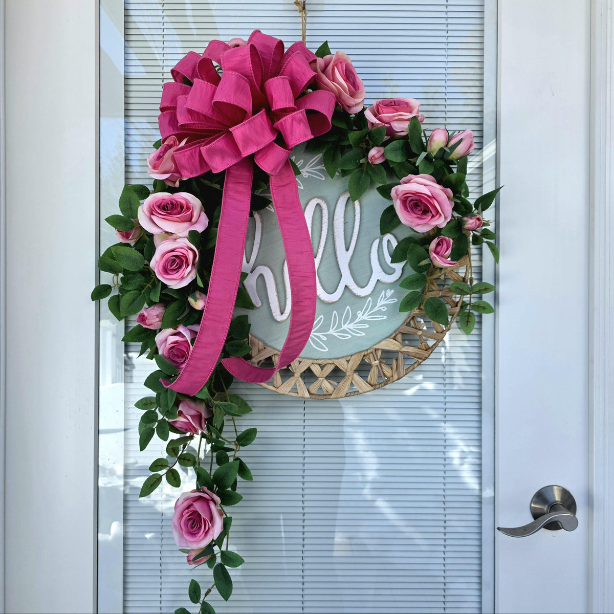 Spring Summer Wreath For Front Door Decor With Hello Sign, Roses and Beaded Hanger