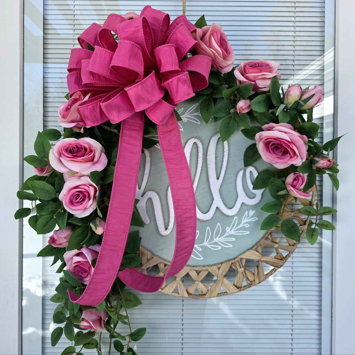 Spring Summer Wreath For Front Door Decor With Hello Sign, Roses and Beaded Hanger