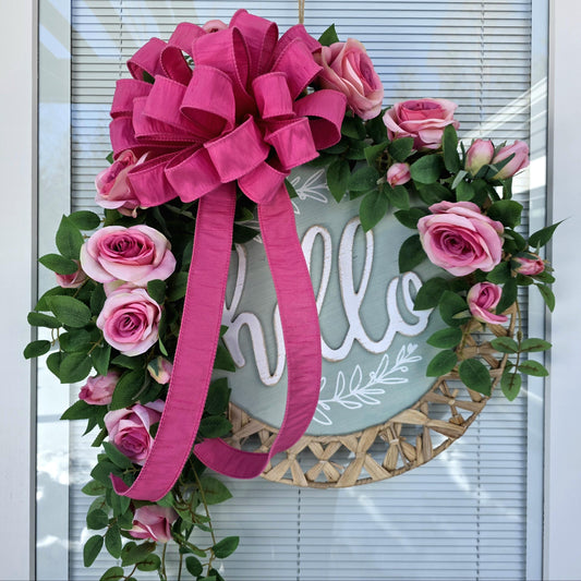 Spring Summer Wreath For Front Door Decor With Hello Sign, Roses and Beaded Hanger