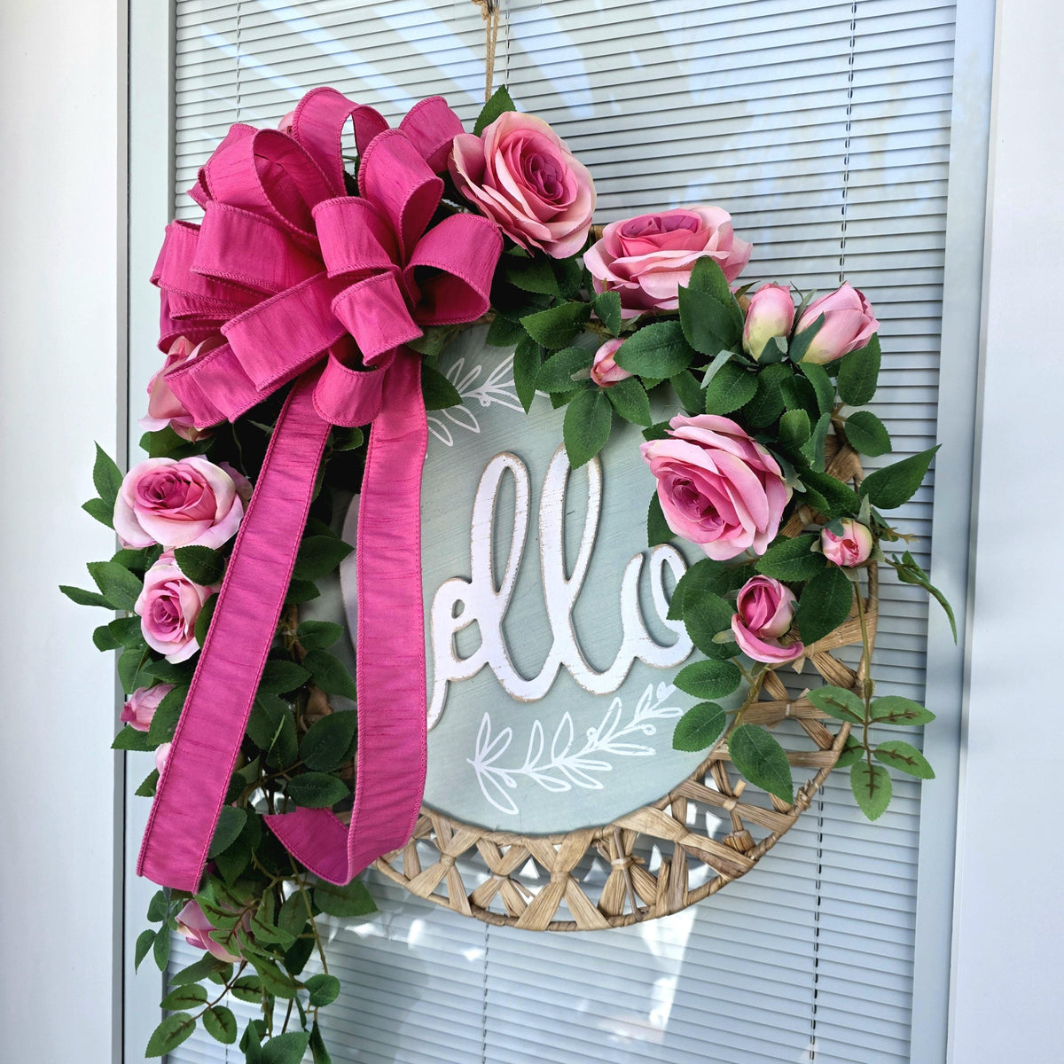 Spring Summer Wreath For Front Door Decor With Hello Sign, Roses and Beaded Hanger