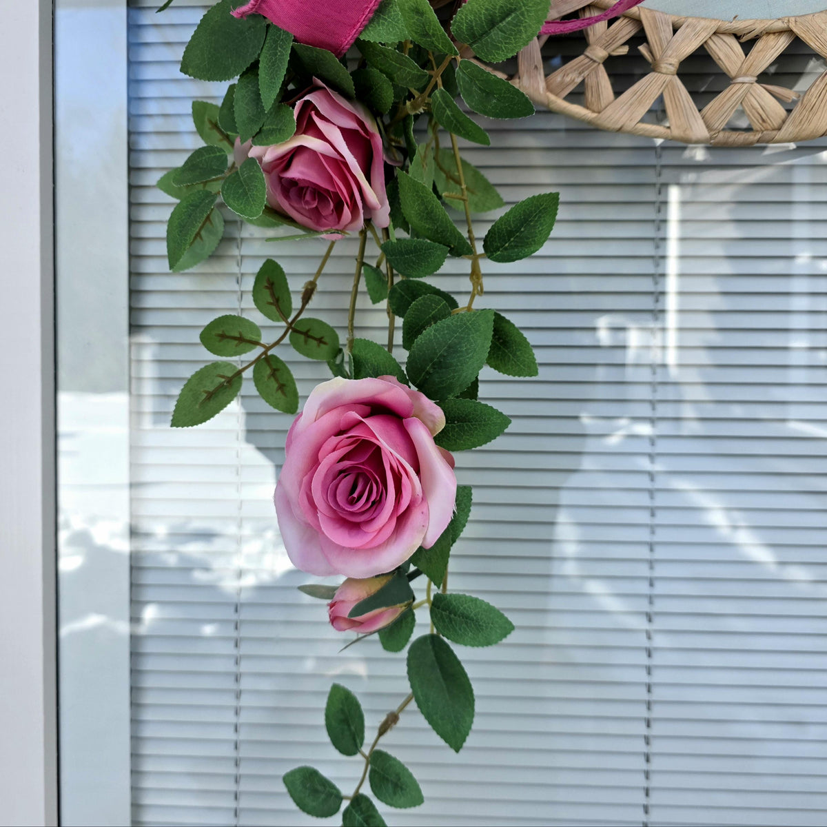 Spring Summer Wreath For Front Door Decor With Hello Sign, Roses and Beaded Hanger