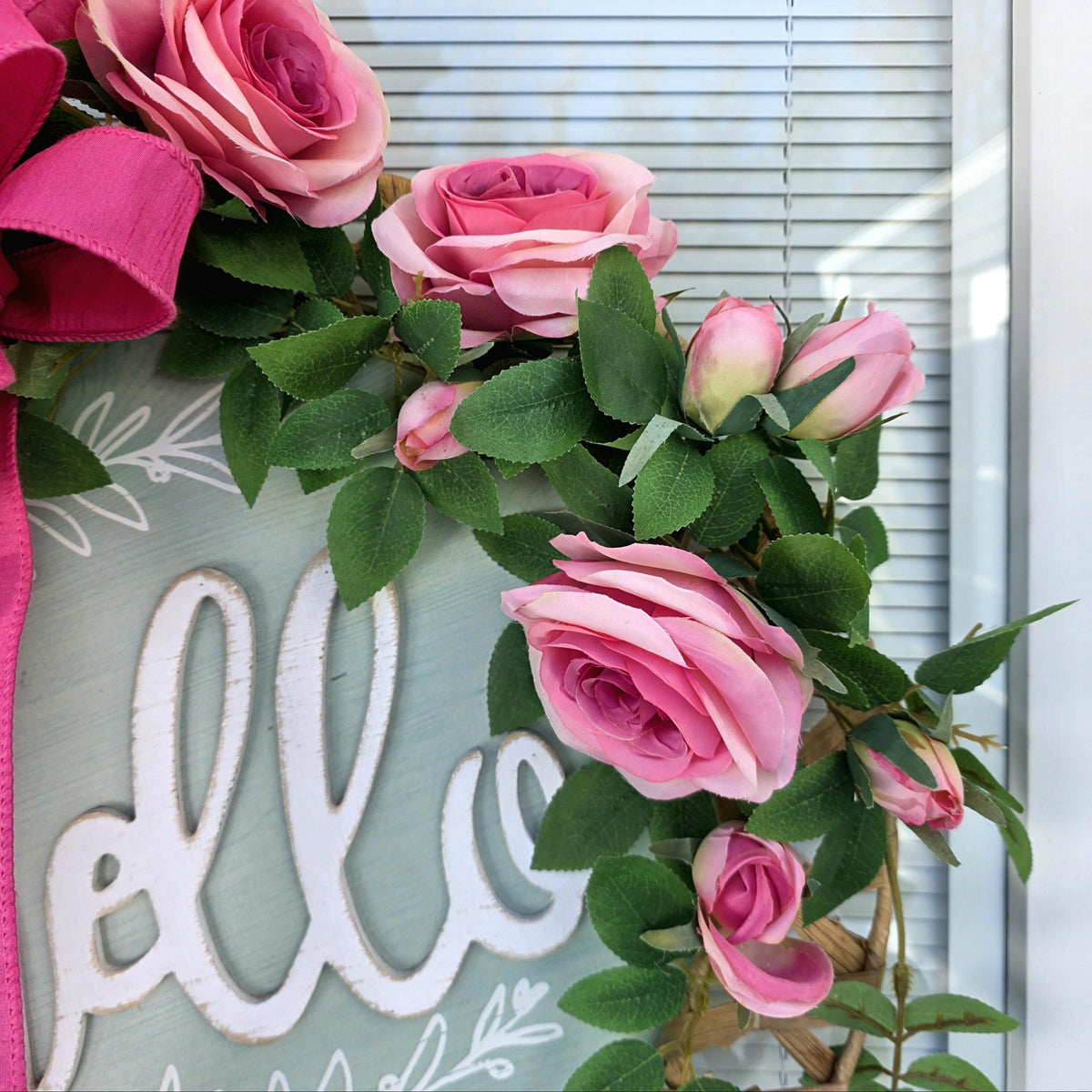 Spring Summer Wreath For Front Door Decor With Hello Sign, Roses and Beaded Hanger