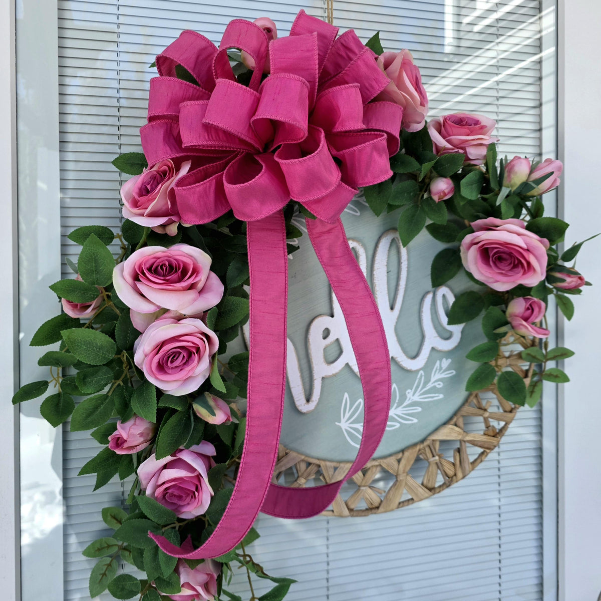 Spring Summer Wreath For Front Door Decor With Hello Sign, Roses and Beaded Hanger
