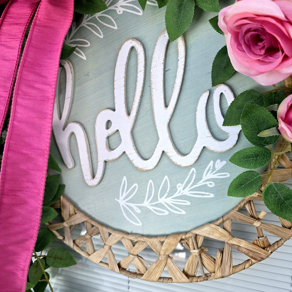 Spring Summer Wreath For Front Door Decor With Hello Sign, Roses and Beaded Hanger