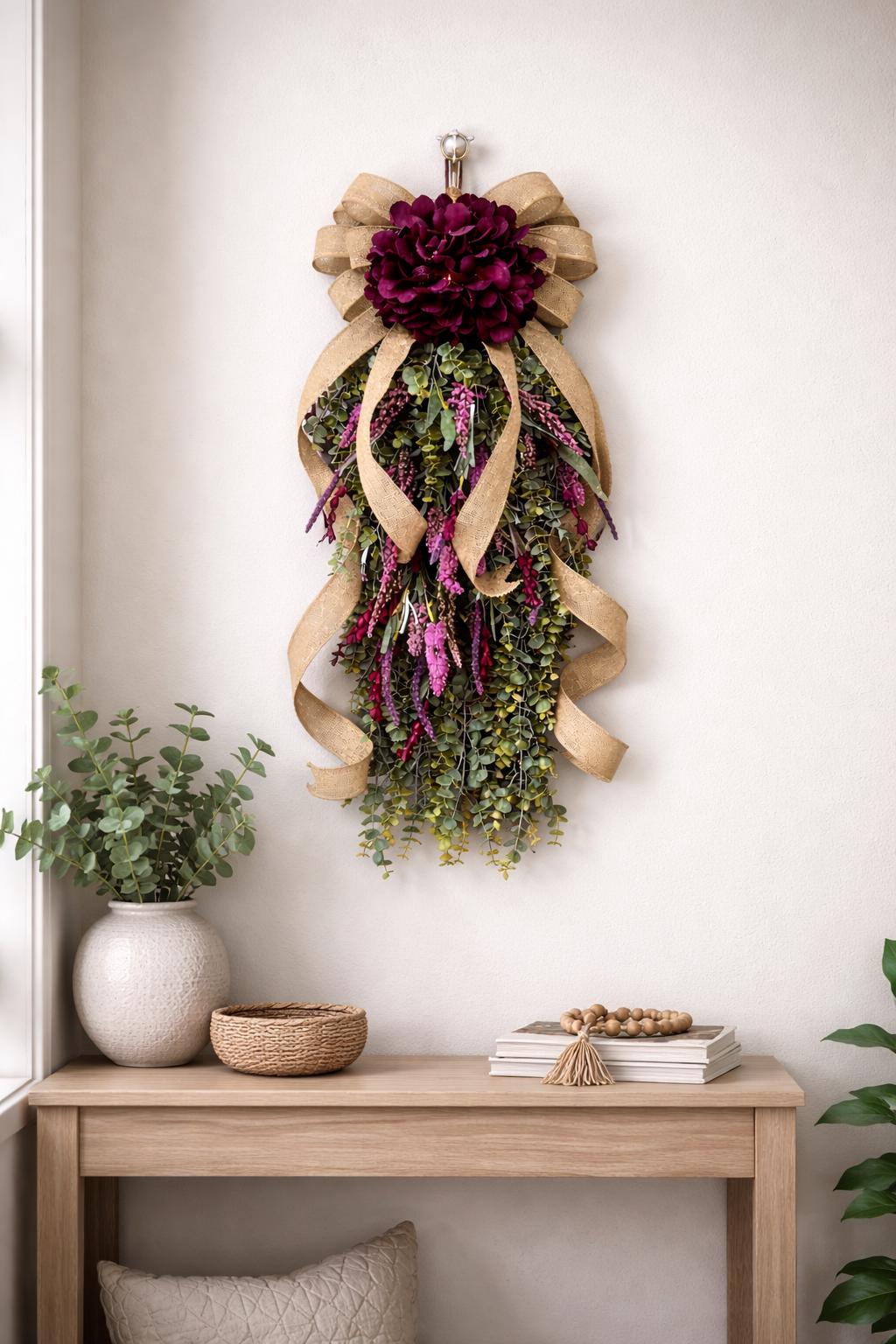 Handmade Spring Summer Fall Wreath Teardrop Swag For Front Door Outdoor Year Round Double Door Wreaths Porch Decor Hydrangea Lavender Floral