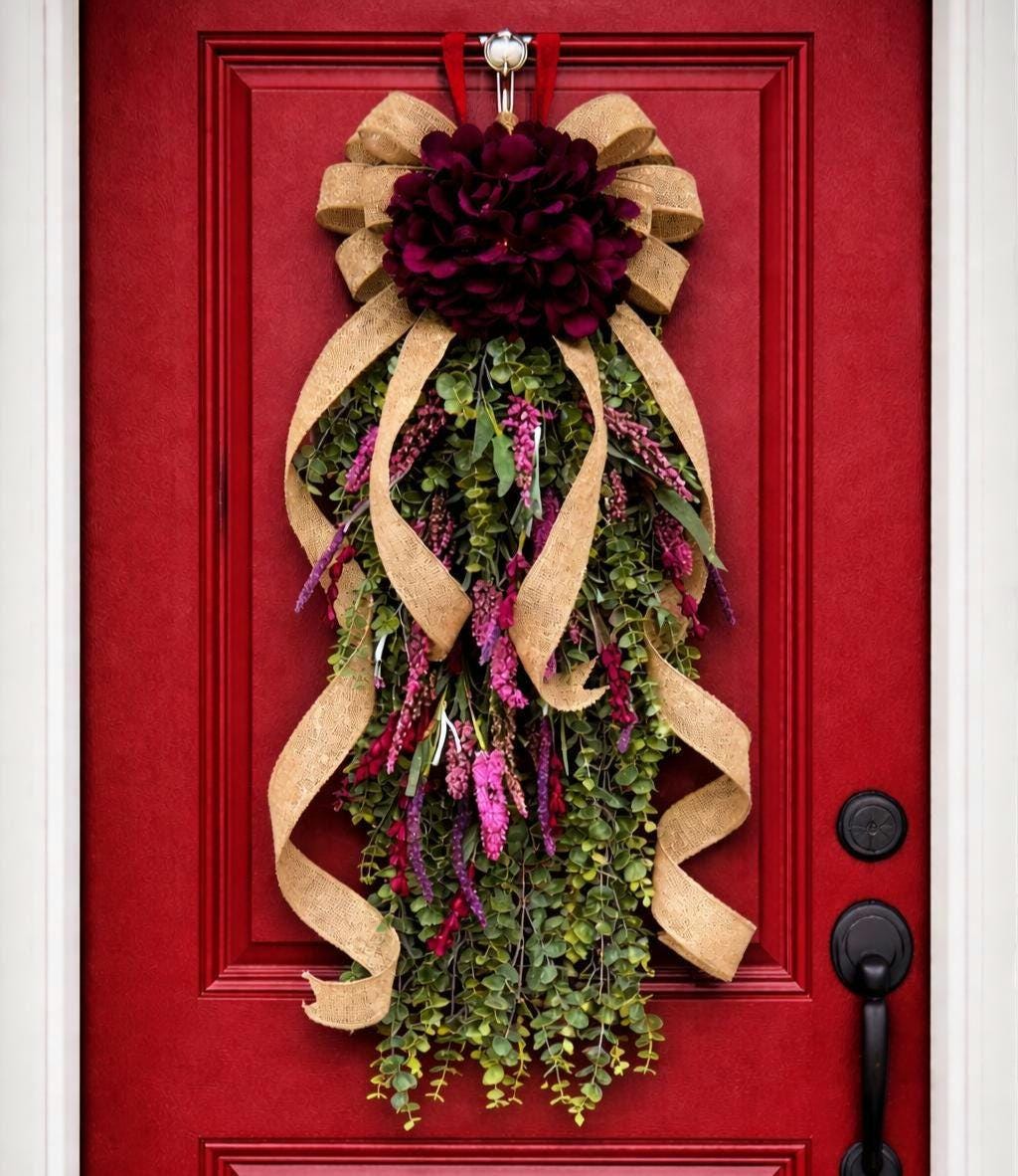 Handmade Spring Summer Fall Wreath Teardrop Swag For Front Door Outdoor Year Round Double Door Wreaths Porch Decor Hydrangea Lavender Floral