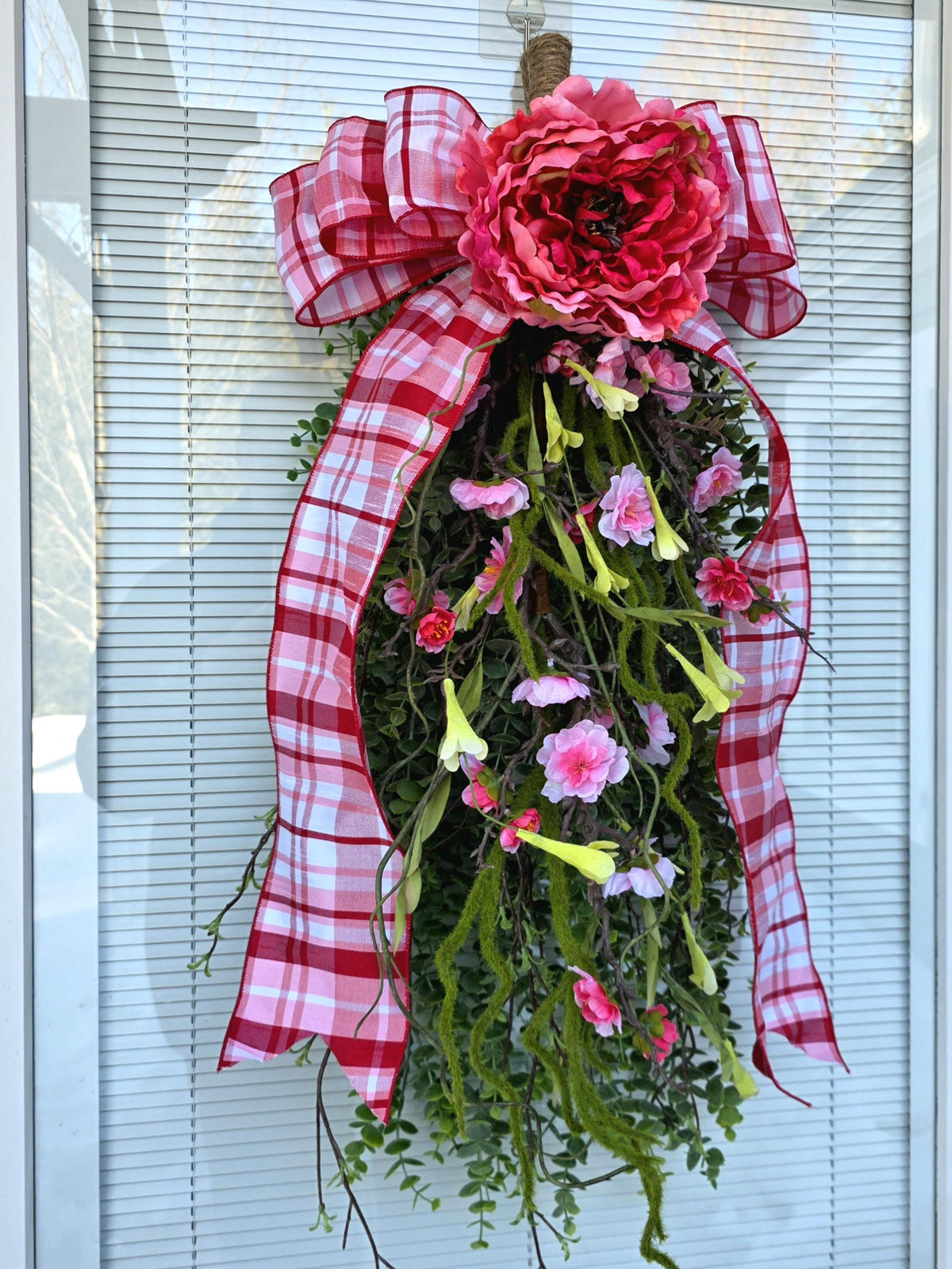 Spring Summer Wreath Teardrop Swag - Pink Floral Rustic Farmhouse Porch Decor