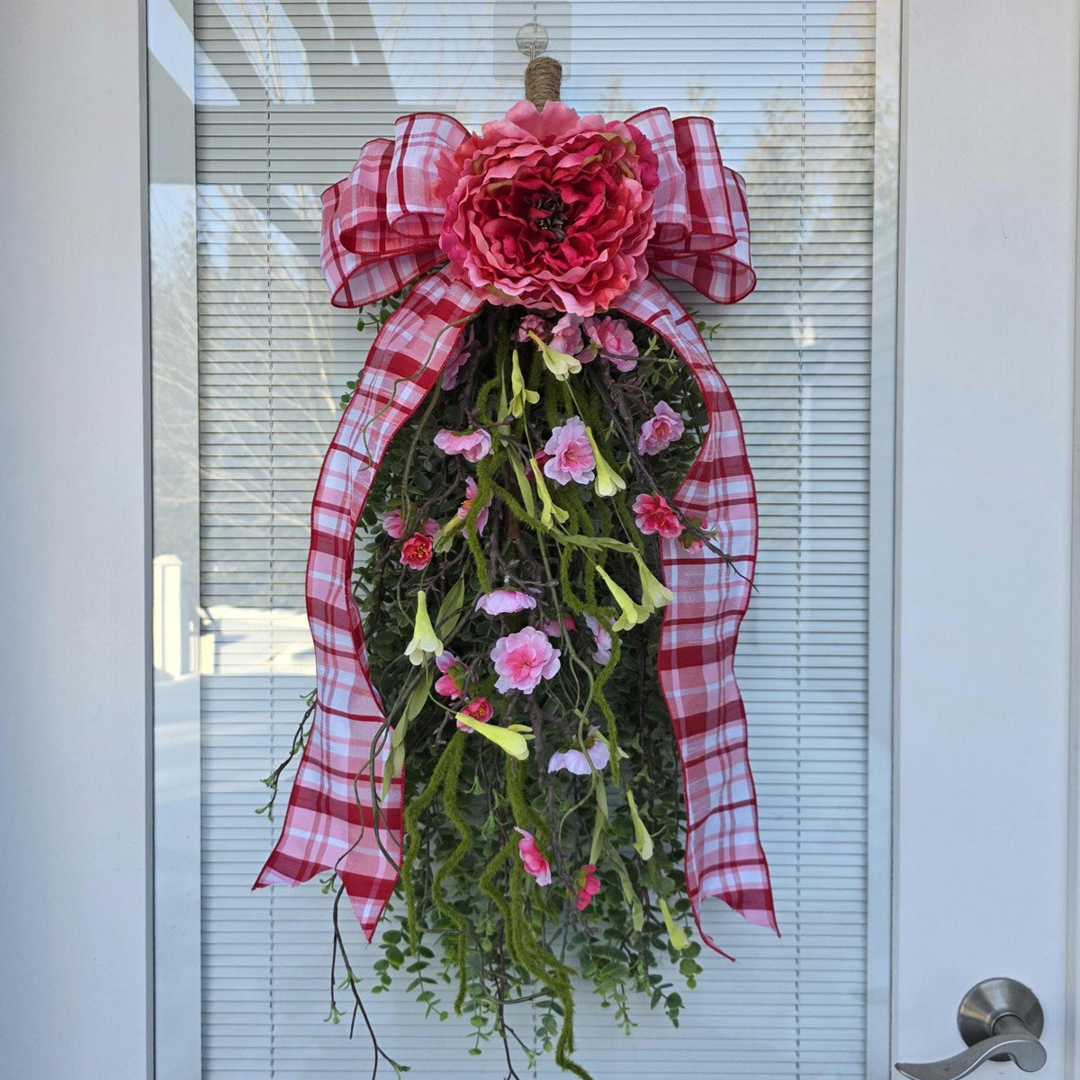 Spring Summer Wreath Teardrop Swag - Pink Floral Rustic Farmhouse Porch Decor