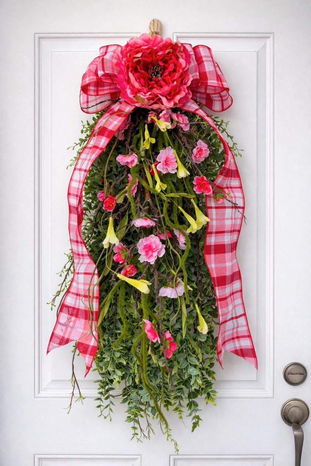 Spring Summer Wreath Teardrop Swag - Pink Floral Rustic Farmhouse Porch Decor