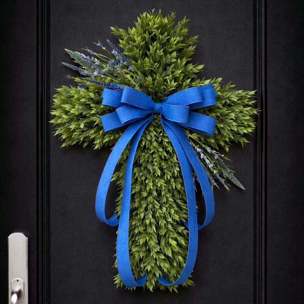 EASTER CROSS WREATH For Front Door, Double Door Wreaths, Memorial, Year Round, Religious Wall Decor, Christian Church, Christianity Gift