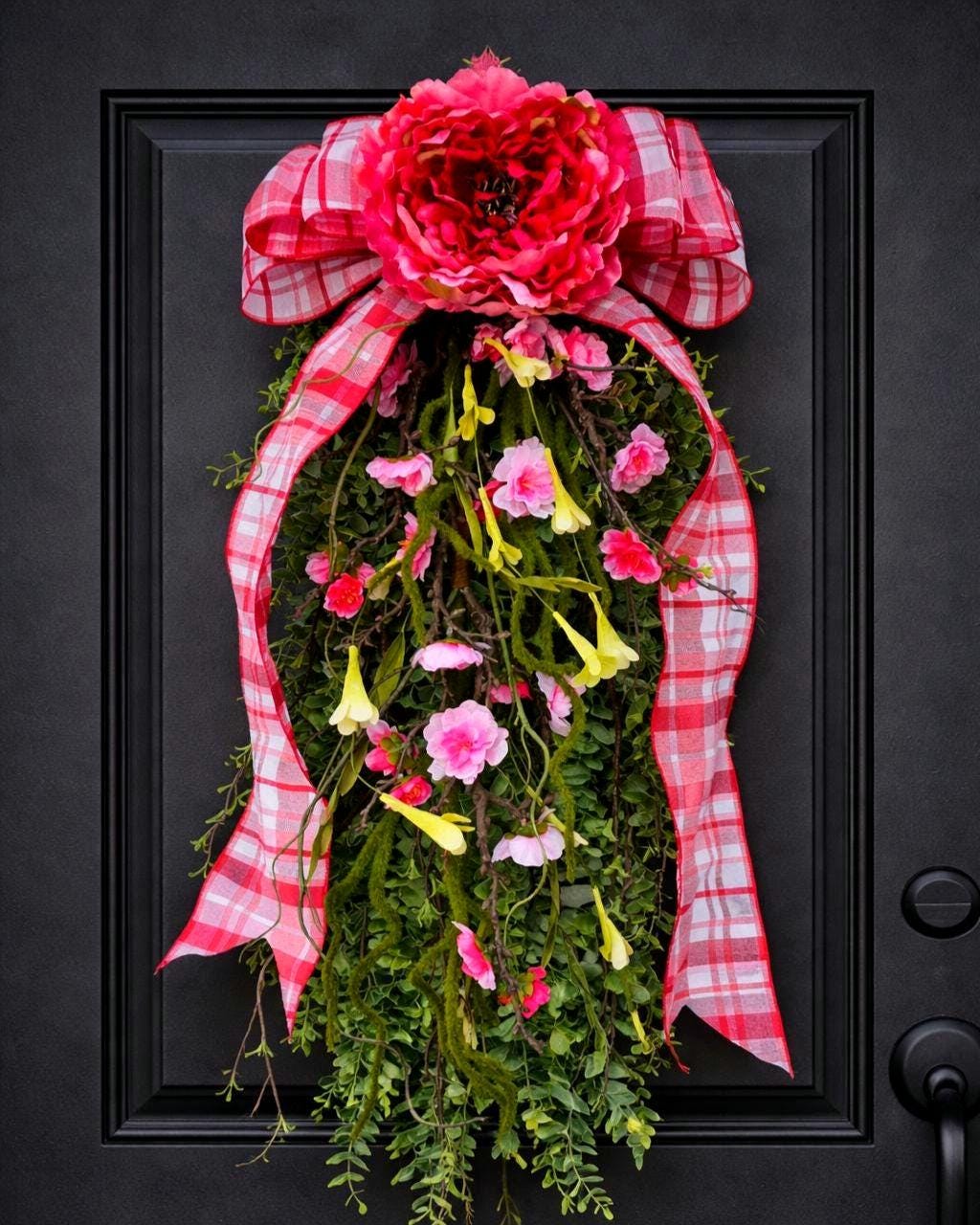 Spring Summer Wreath Teardrop Swag - Pink Floral Rustic Farmhouse Porch Decor