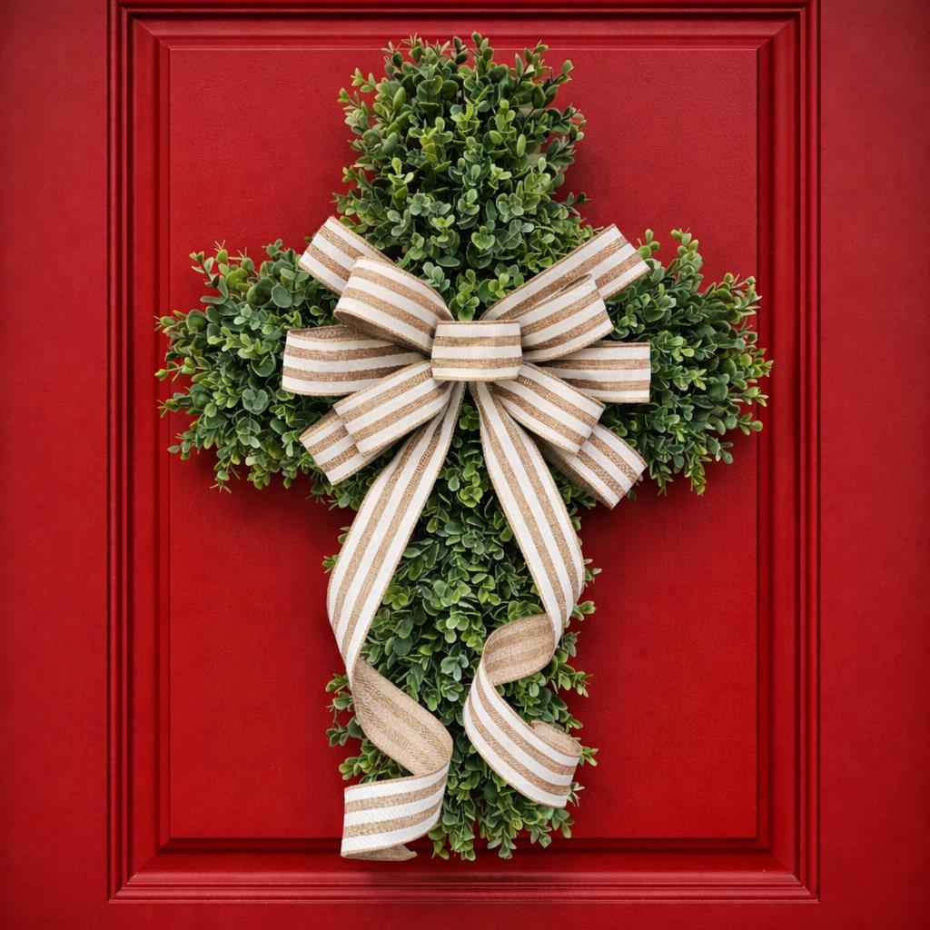 EASTER CROSS WREATH For Front Door, Double Door Wreaths, Memorial, Year Round, Religious Wall Decor, Christian Church, Christianity Gift