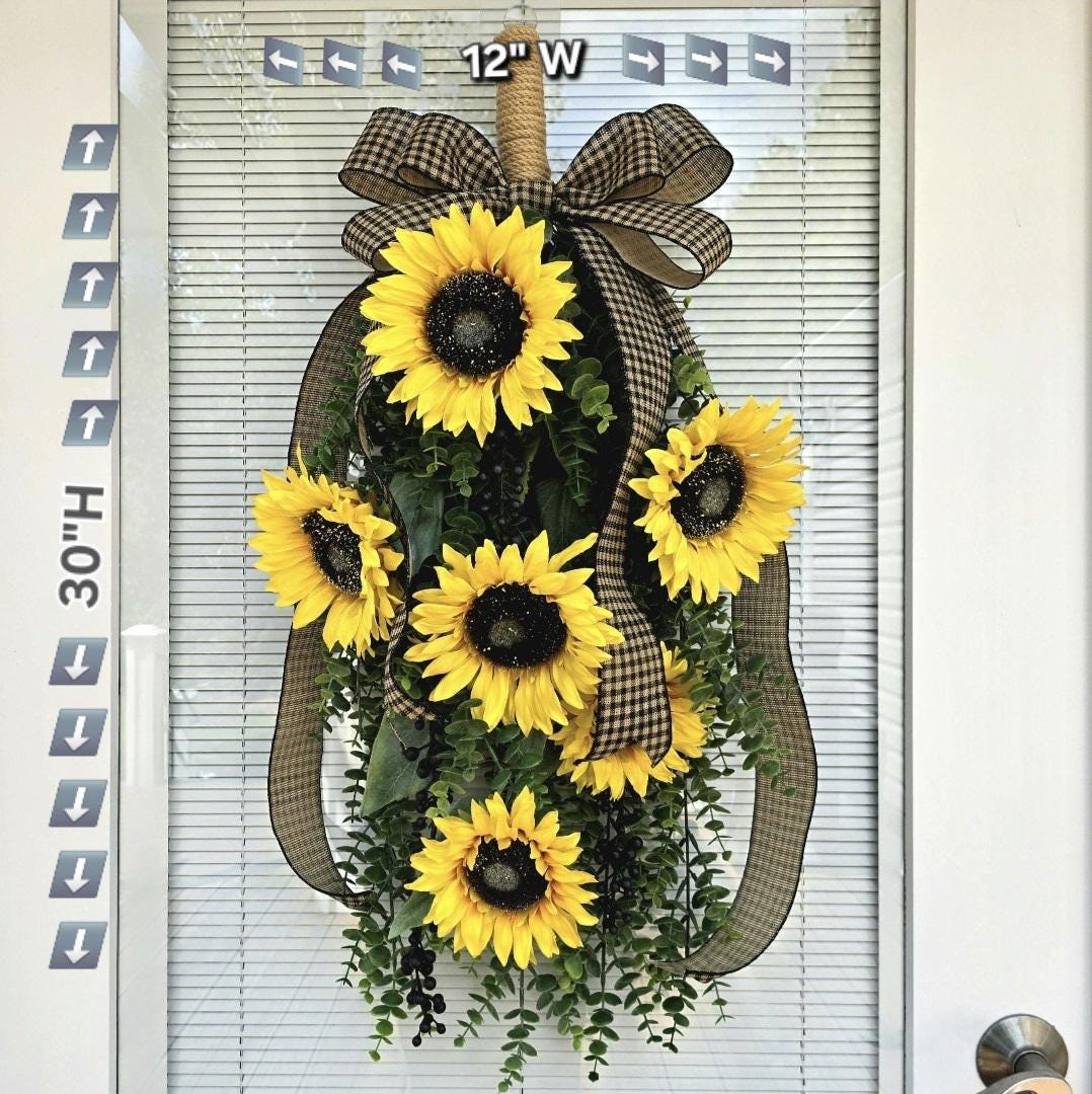 Spring Summer Fall Wreath For Front Door Decor, Double Door Wreaths, Outdoor Porch Decor, Double Door Decor, Yellow Sunflower Teardrop Swag
