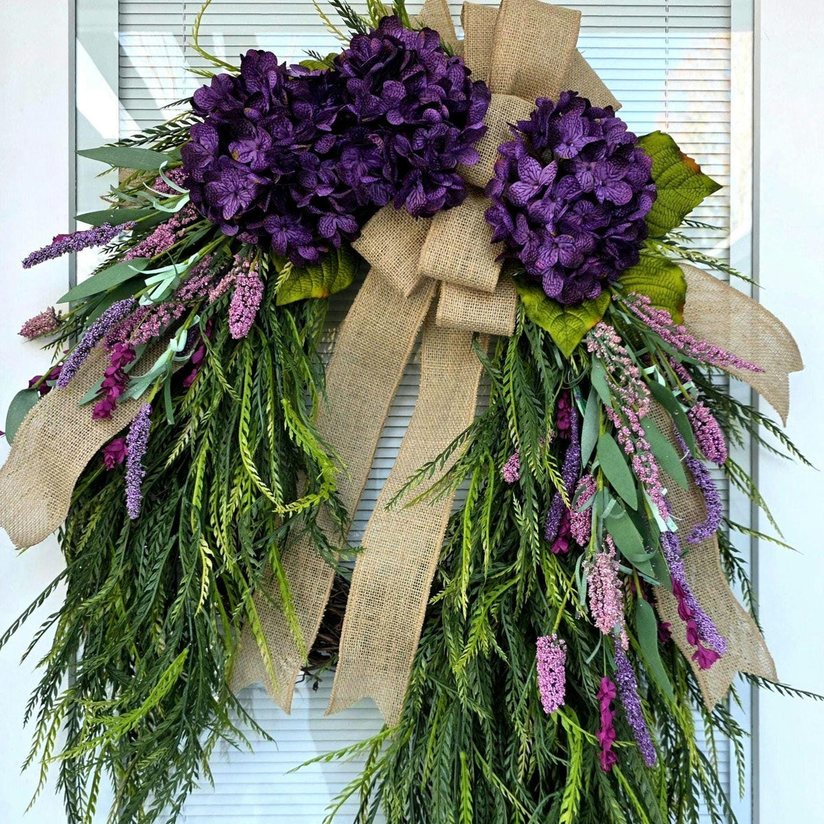 Spring Summer Wreath For Front Door Decor Outdoor With Purple Florals Lavender & Saw Grass, Double Door Wreaths, Porch, Rustic Farmhouse