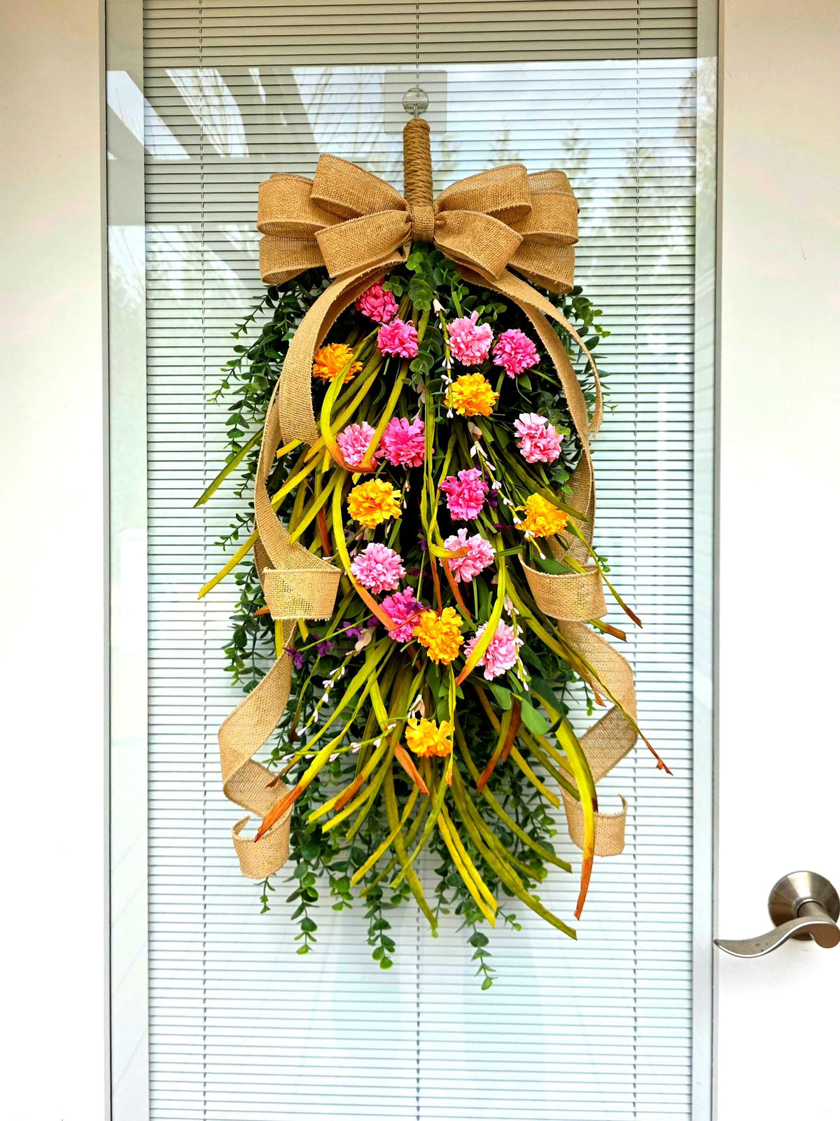 Spring Summer Door Swag, Eucalyptus Wildflower Teardrop Wreath, Pink Yellow Front Door Decor, Farmhouse Porch Swag, Double Door Wreaths