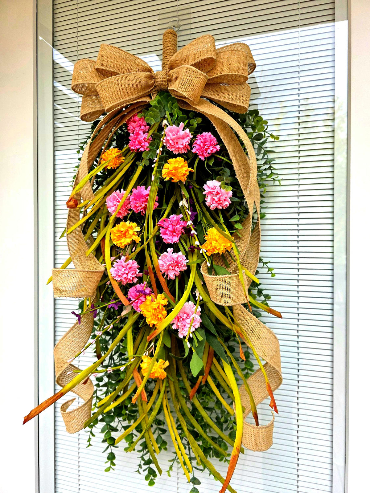 Spring Summer Door Swag, Eucalyptus Wildflower Teardrop Wreath, Pink Yellow Front Door Decor, Farmhouse Porch Swag, Double Door Wreaths