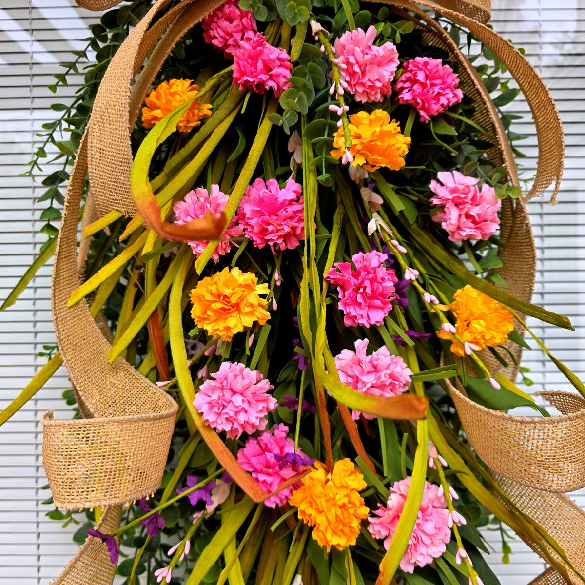 Spring Summer Door Swag, Eucalyptus Wildflower Teardrop Wreath, Pink Yellow Front Door Decor, Farmhouse Porch Swag, Double Door Wreaths