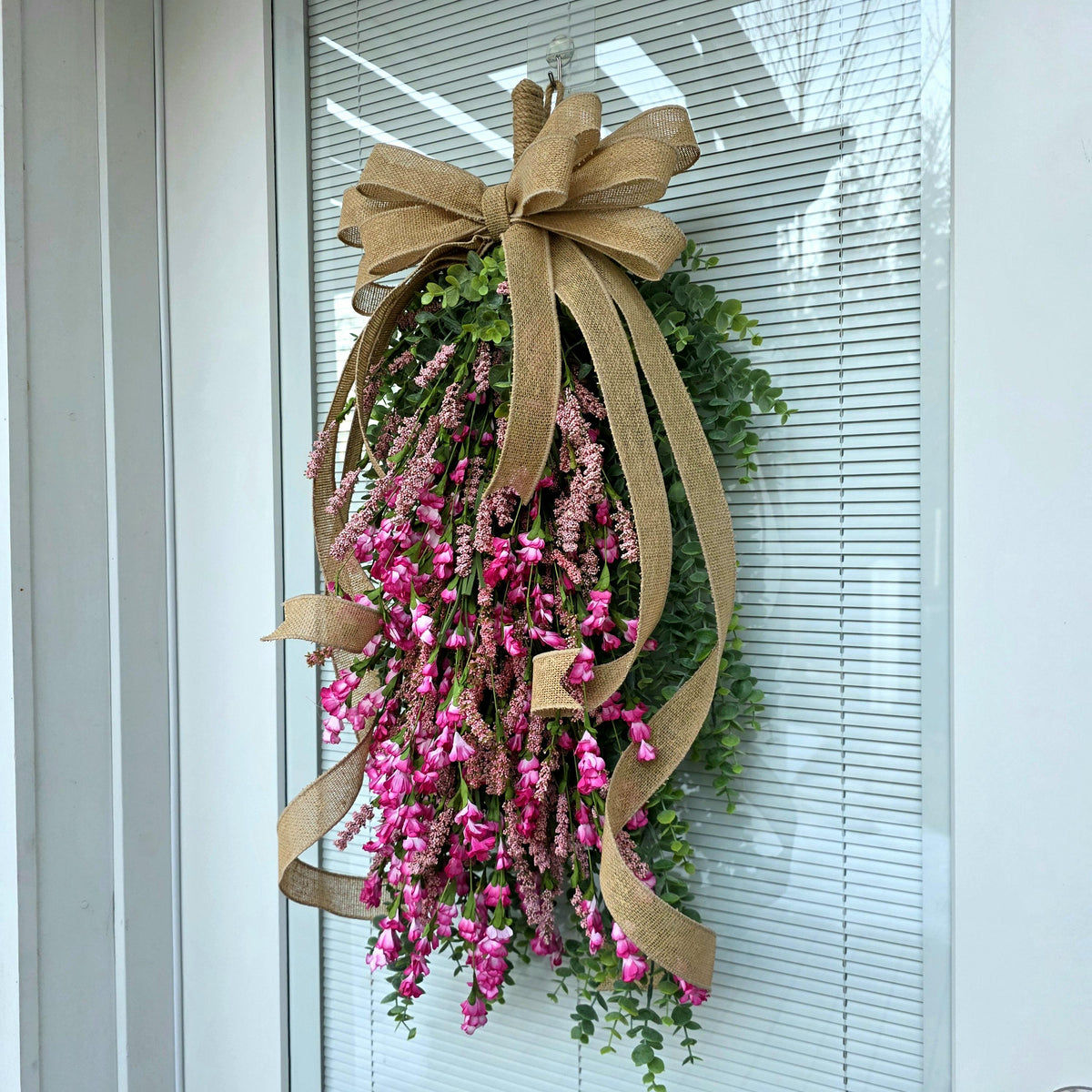 Spring Summer Wreath, Front Door Wreaths, Handmade Pink Floral Teardrop Door Swag, Double Door Wreaths, Outdoor Porch Decor