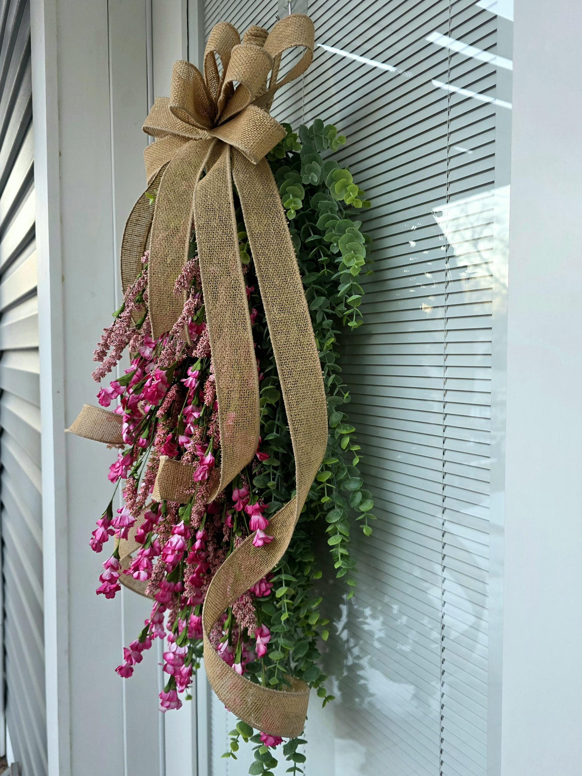 Spring Summer Wreath, Front Door Wreaths, Handmade Pink Floral Teardrop Door Swag, Double Door Wreaths, Outdoor Porch Decor