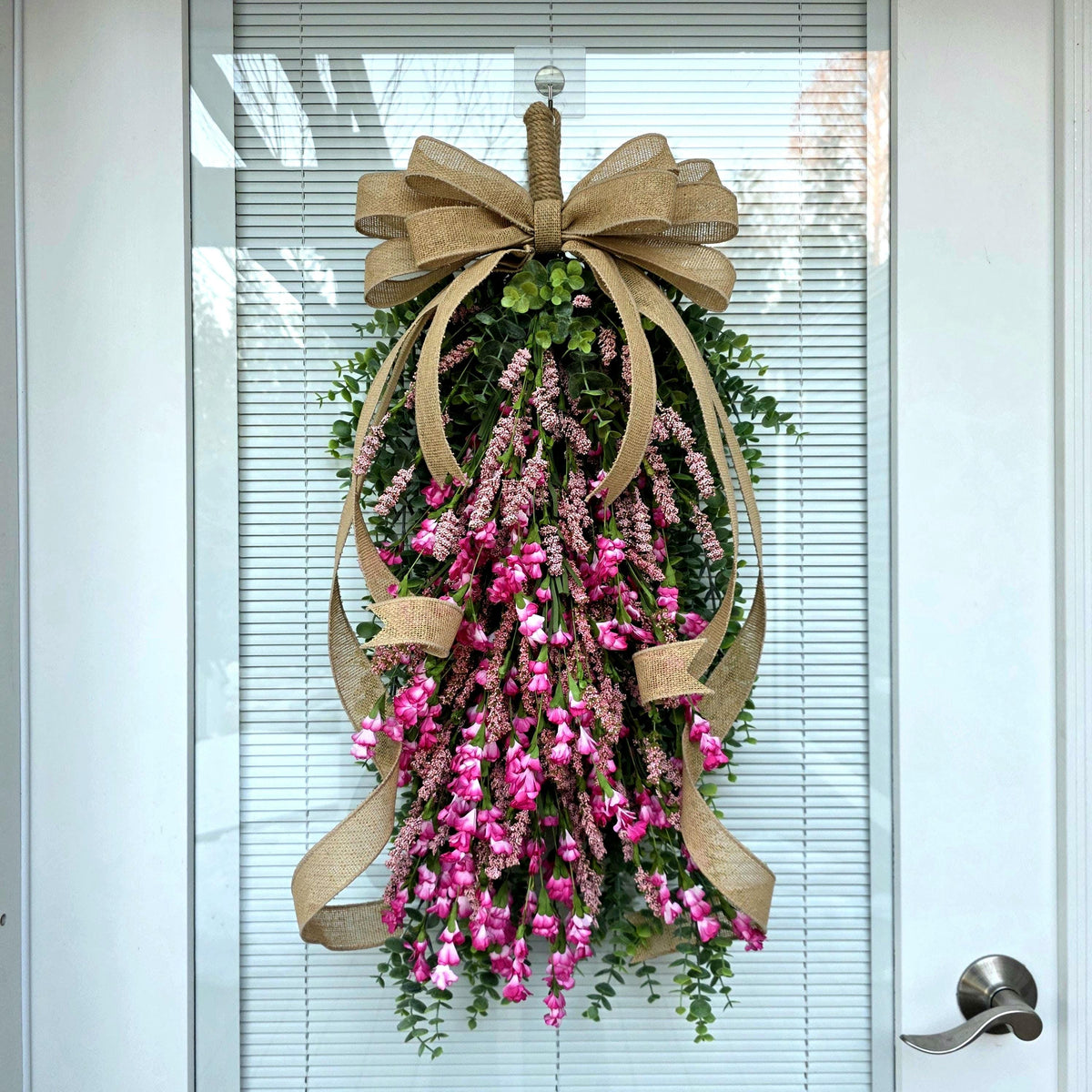 Spring Summer Wreath, Front Door Wreaths, Handmade Pink Floral Teardrop Door Swag, Double Door Wreaths, Outdoor Porch Decor