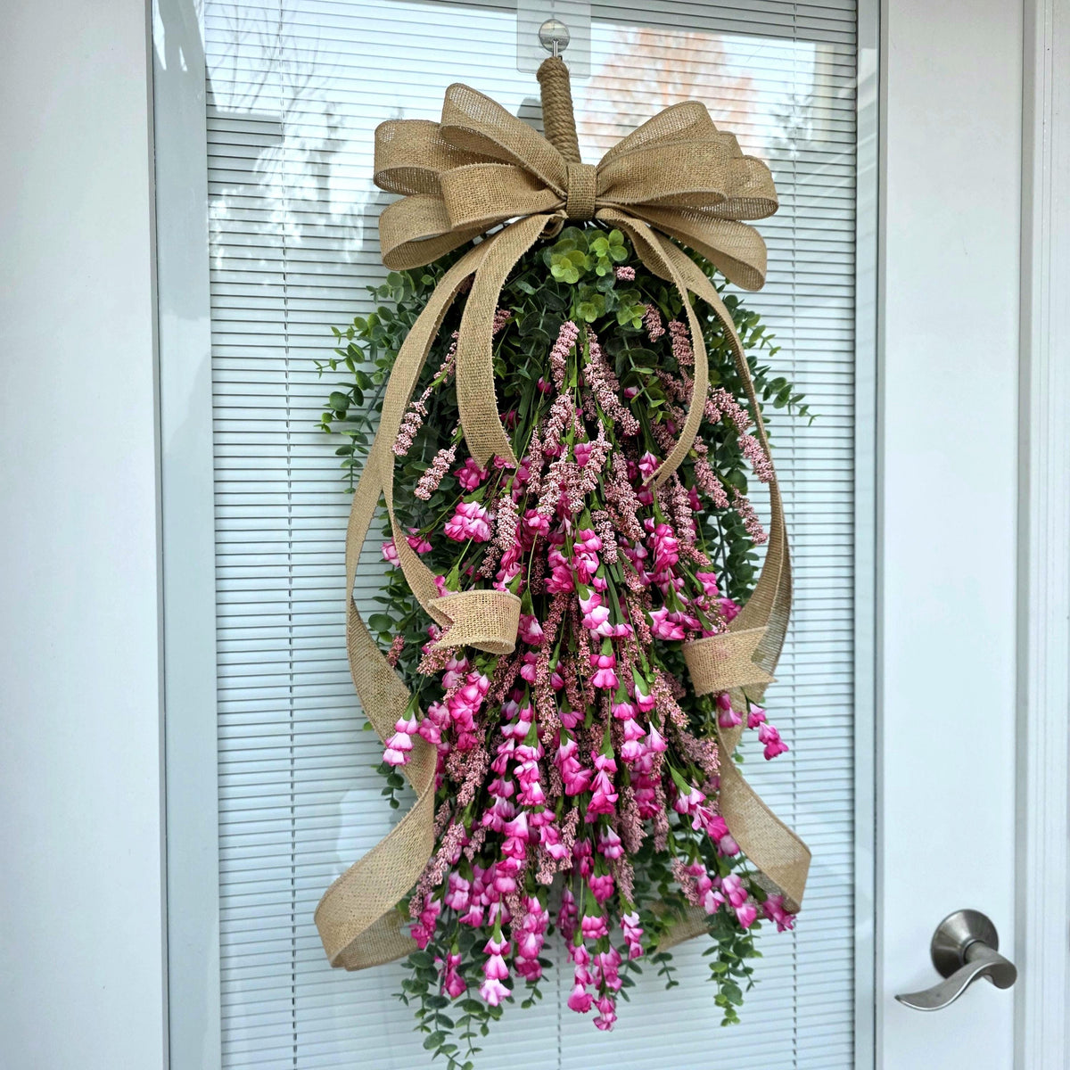 Spring Summer Wreath, Front Door Wreaths, Handmade Pink Floral Teardrop Door Swag, Double Door Wreaths, Outdoor Porch Decor