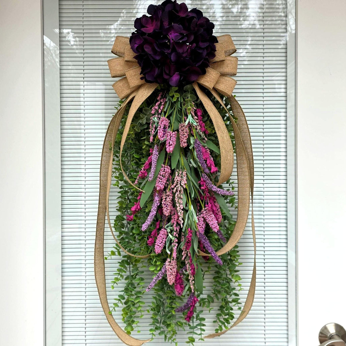 Handmade Spring Summer Fall Wreath Teardrop Swag For Front Door Outdoor Year Round Double Door Wreaths Porch Decor Hydrangea Lavender Floral
