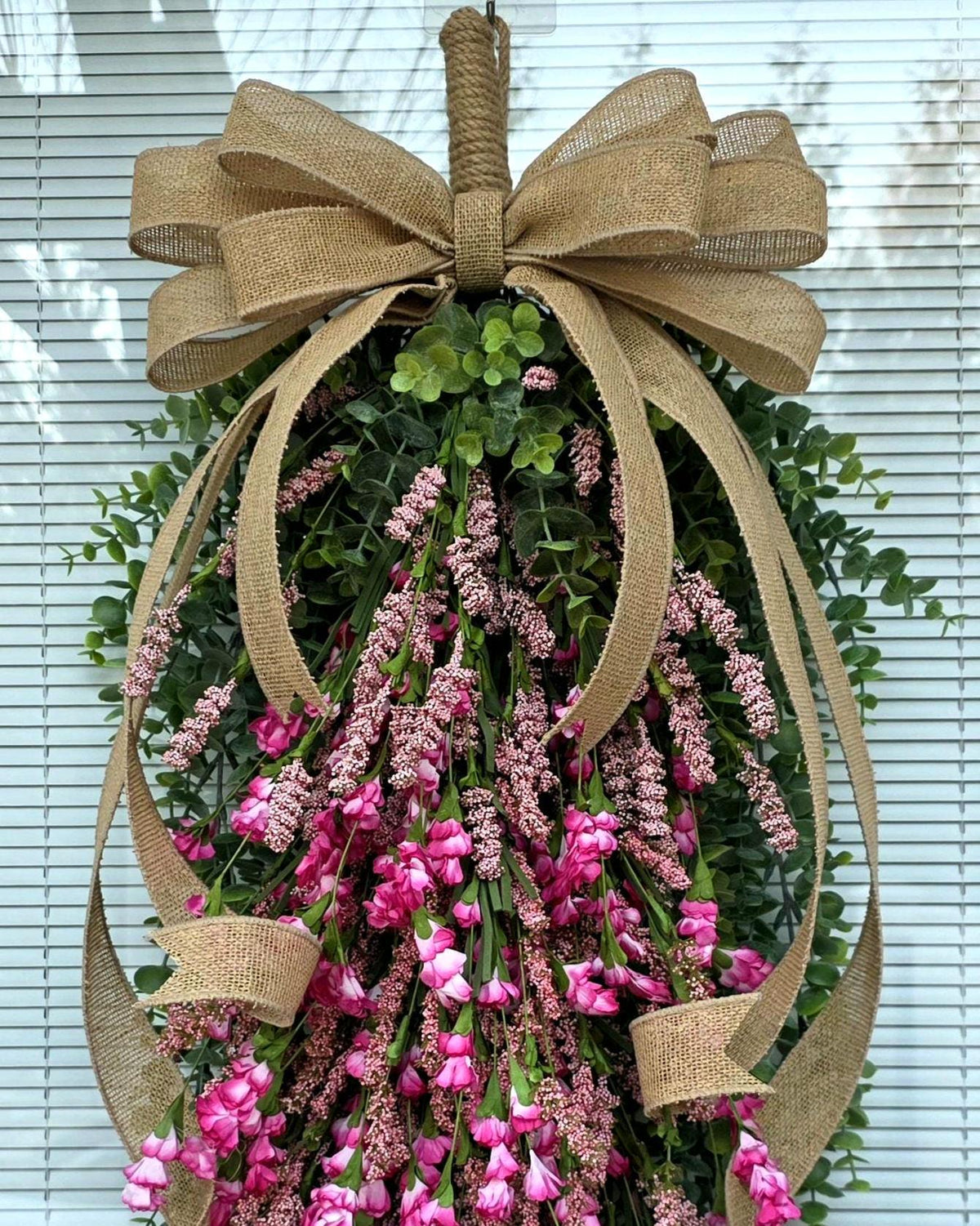 Spring Summer Wreath, Front Door Wreaths, Handmade Pink Floral Teardrop Door Swag, Double Door Wreaths, Outdoor Porch Decor
