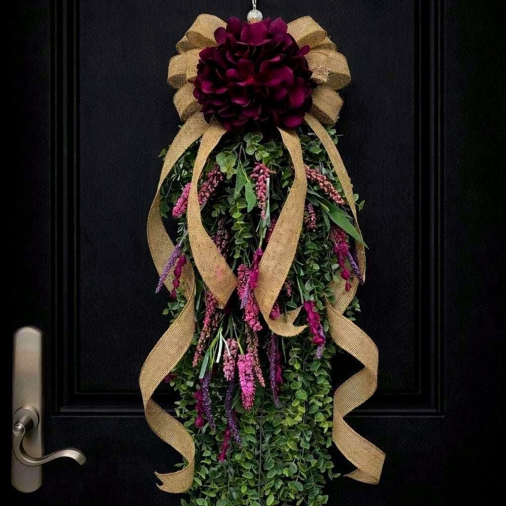 Handmade Spring Summer Fall Wreath Teardrop Swag For Front Door Outdoor Year Round Double Door Wreaths Porch Decor Hydrangea Lavender Floral