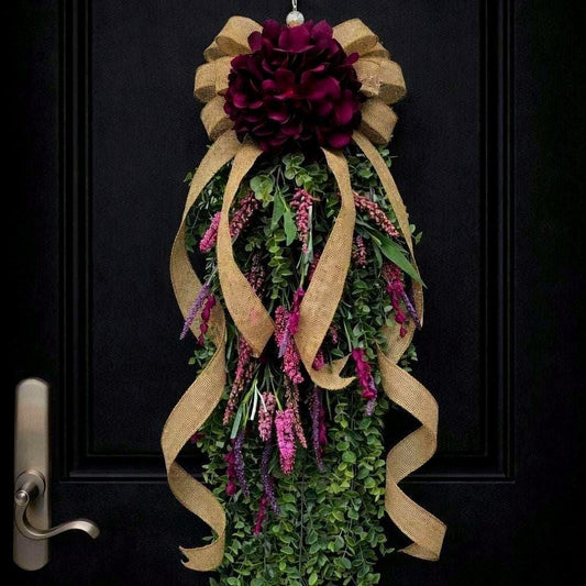Handmade Spring Summer Fall Wreath Teardrop Swag For Front Door Outdoor Year Round Double Door Wreaths Porch Decor Hydrangea Lavender Floral