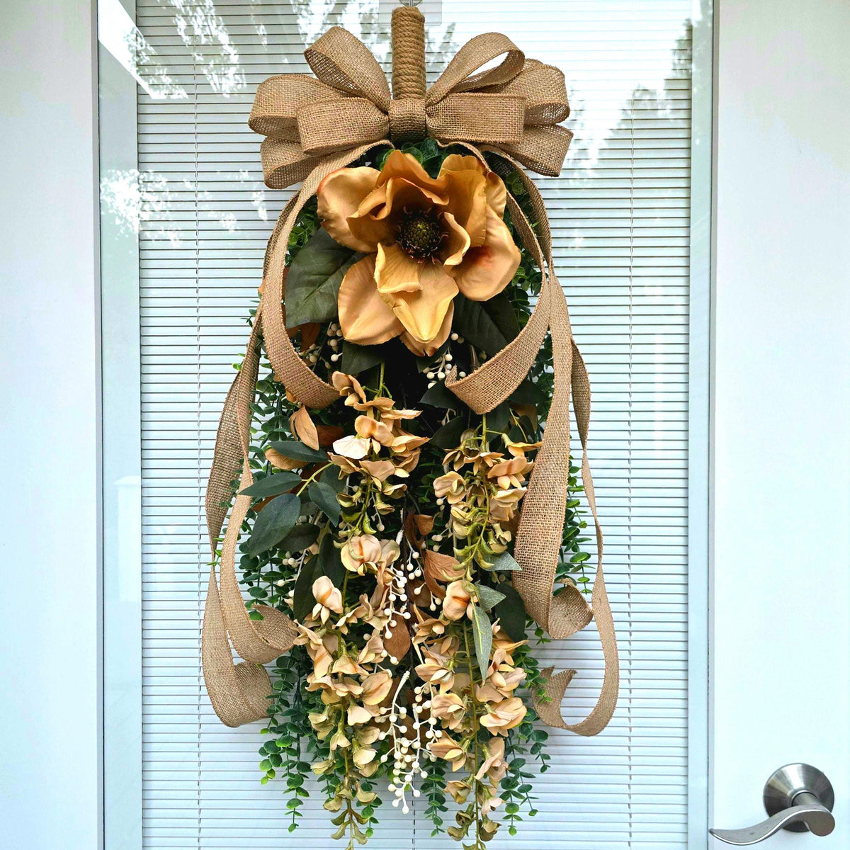 FALL WREATH, Neutral Teardrop Swag, Front Door Wreath, Everyday Farmhouse Decor, Beige Door Hanger, Double Door Decor, Outdoor Autumn Wreath