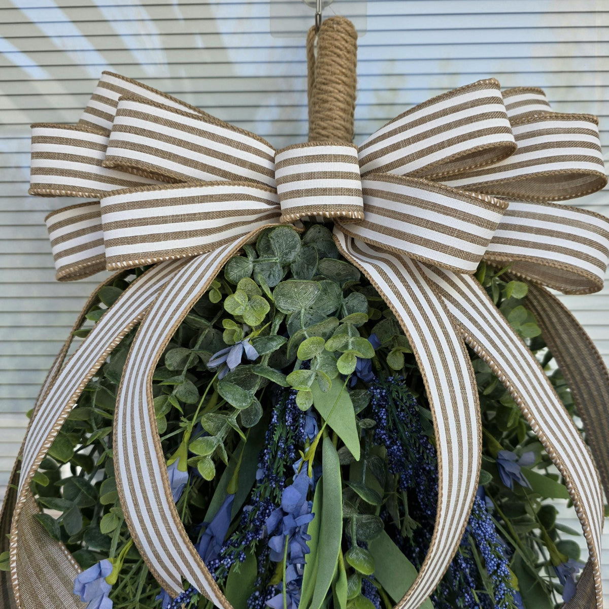 Year Round Wreath, Neutral Blue Lavender Eucalyptus Wreath, Everyday Front Door Decor, Farmhouse Teardrop Swag, Nautical Decoration, Gift