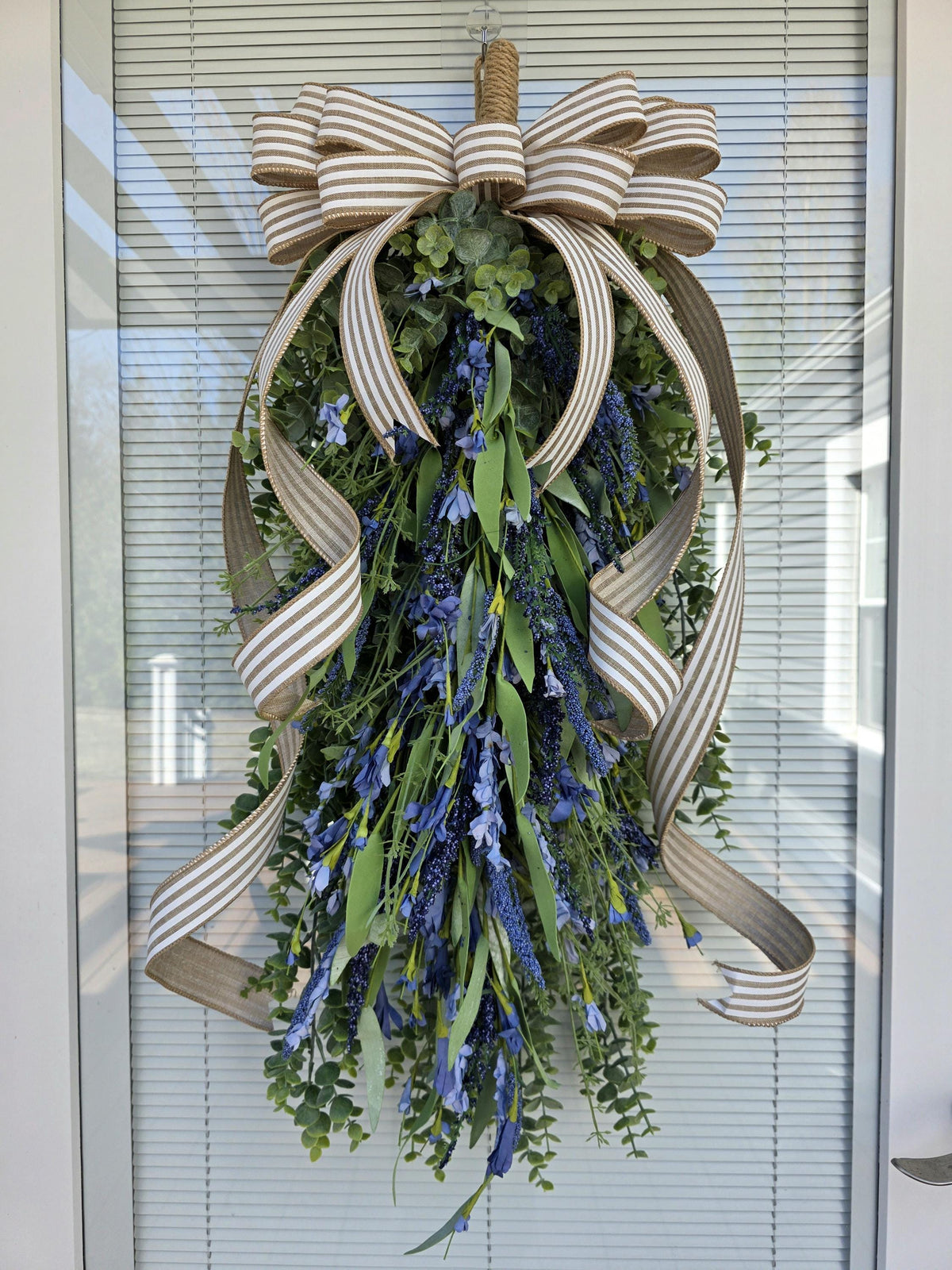 Year Round Wreath, Neutral Blue Lavender Eucalyptus Wreath, Everyday Front Door Decor, Farmhouse Teardrop Swag, Nautical Decoration, Gift