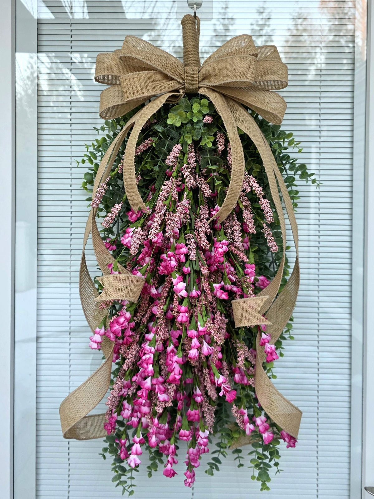 Spring Summer Wreath, Front Door Wreaths, Handmade Pink Floral Teardrop Door Swag, Double Door Wreaths, Outdoor Porch Decor