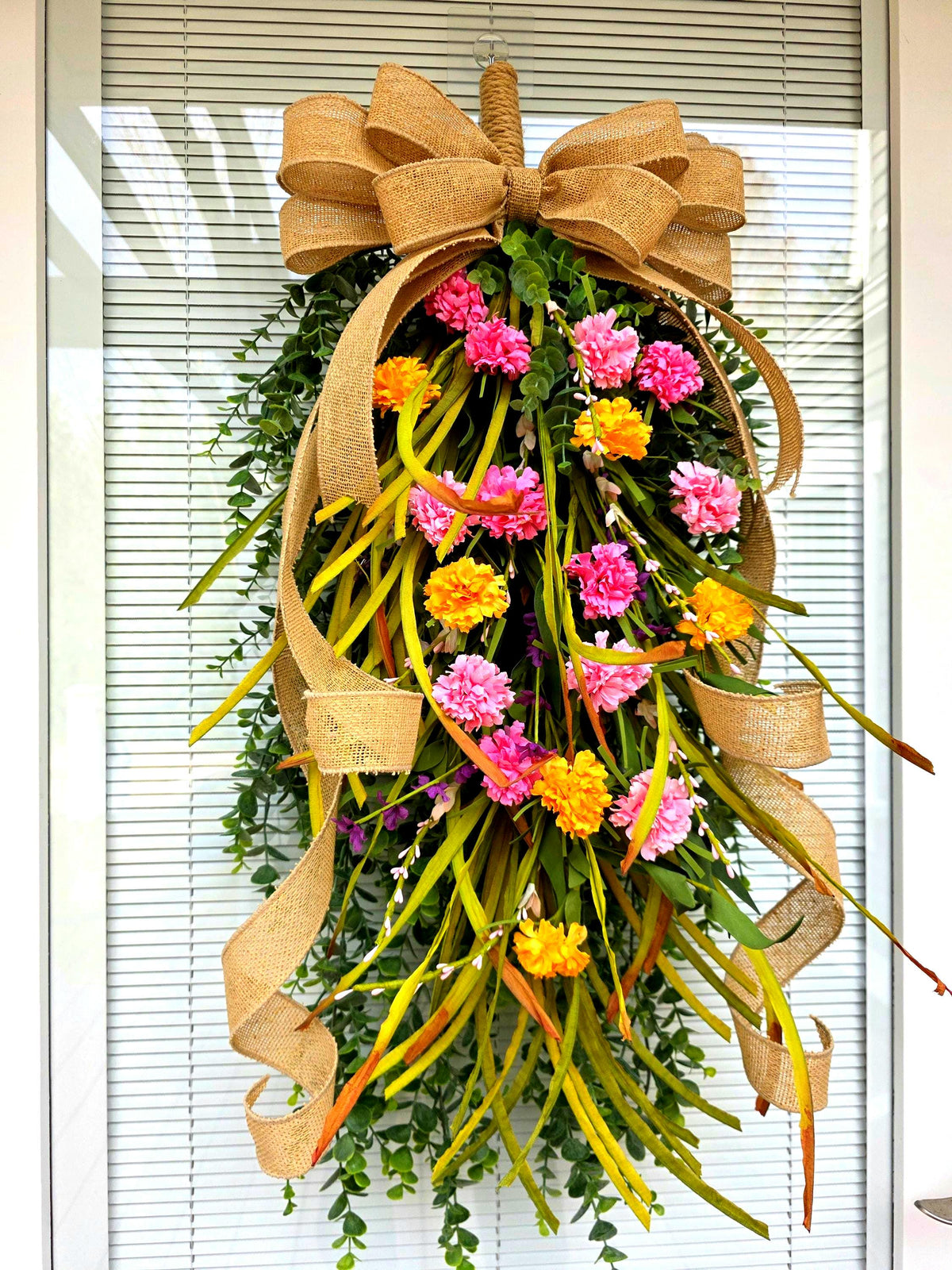 Spring Summer Door Swag, Eucalyptus Wildflower Teardrop Wreath, Pink Yellow Front Door Decor, Farmhouse Porch Swag, Double Door Wreaths