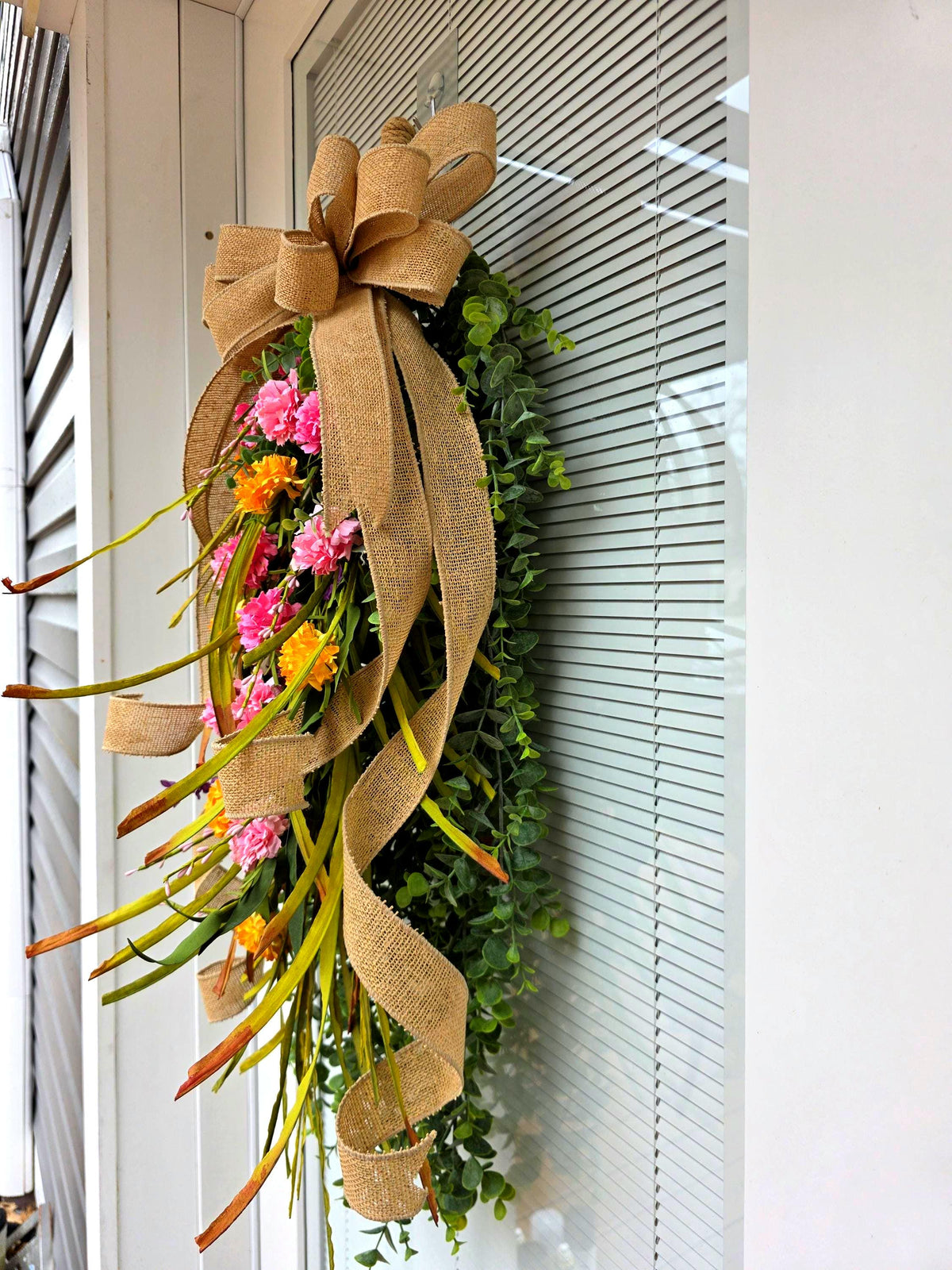 Spring Summer Door Swag, Eucalyptus Wildflower Teardrop Wreath, Pink Yellow Front Door Decor, Farmhouse Porch Swag, Double Door Wreaths
